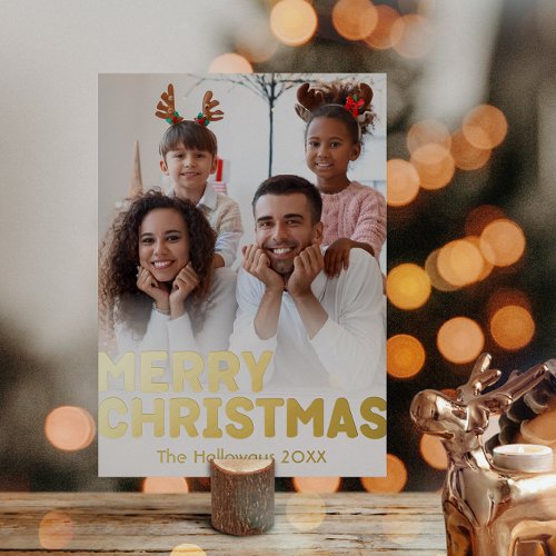 Bold Modern Vertical Photo Merry Christmas Gold Foil Holiday Card