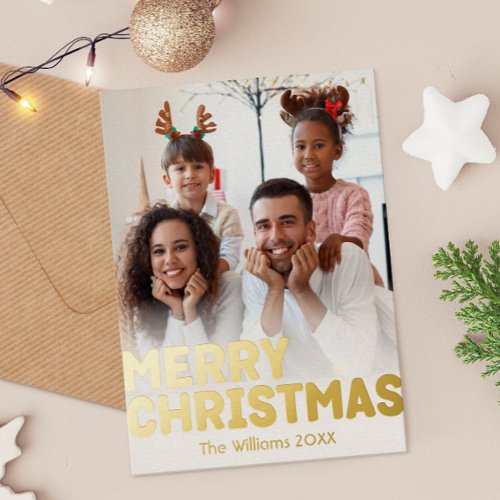 Bold Modern Vertical Photo Merry Christmas Gold Foil Holiday Postcard