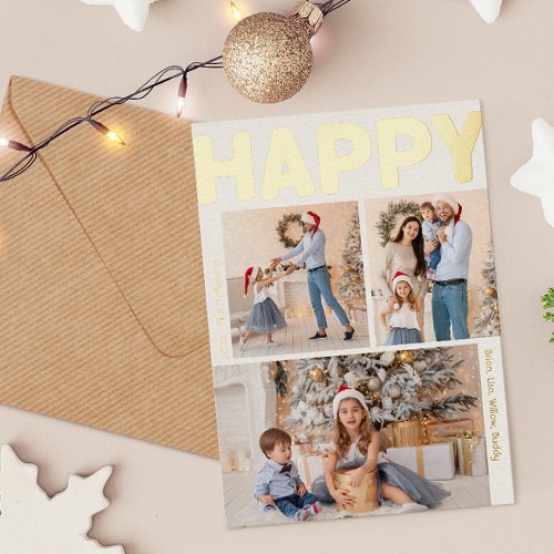 Bold Modern Vertical Three Photo Happy Gold Foil Holiday Postcard