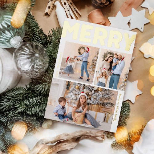 Bold Modern Vertical Three Photo Merry Gold Foil Holiday Card