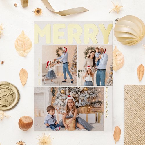 Bold Modern Vertical Three Photo Merry Gold Foil Holiday Postcard