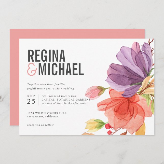 Bold Modern Watercolor Wildflowers wedding Invitation (Front/Back)