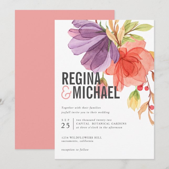 Bold Modern Watercolor Wildflowers wedding Invitation (Front/Back)
