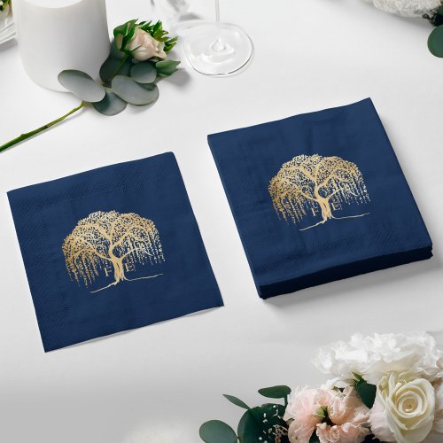 Bold Modern Willow Tree Navy Blue Gold Wedding Napkins