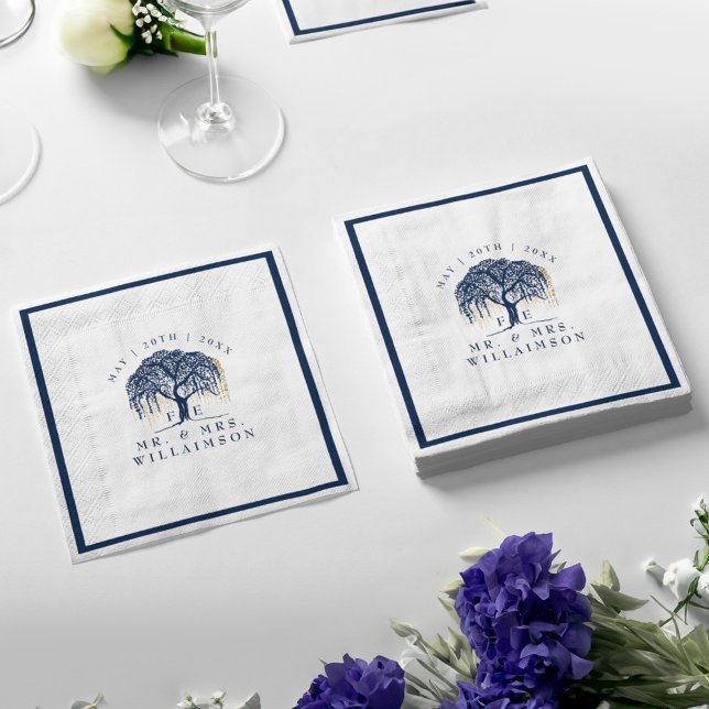 Bold Modern Willow Tree Navy Blue Gold Wedding Napkins (Bold Modern Willow Tree Navy Blue Gold Wedding Napkins)