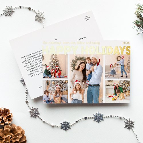 Bold Modern Year In Review Five Photo Happy Gold Foil Holiday Postcard