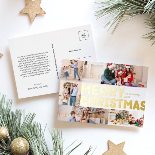 Bold Modern Year In Review Six_Photo Merry Gold Foil Holiday Postcard