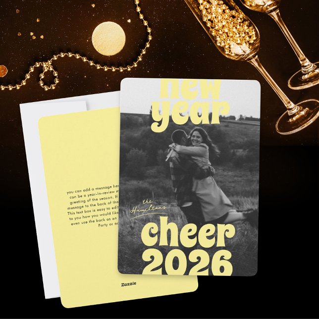 Bold Modern Yellow New Year Cheer 2026 Photo Holiday Card (Creator Uploaded)