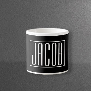 Bold & Modern Your Name or Word White On Black Espresso Cup