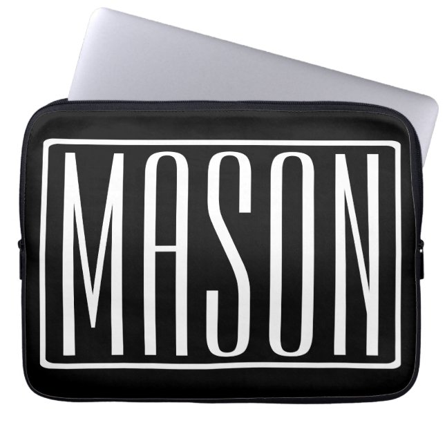 Bold & Modern Your Name or Word | White On Black Laptop Sleeve (Front)