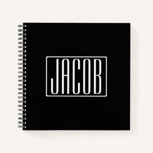 Bold & Modern Your Name or Word White On Black Notebook