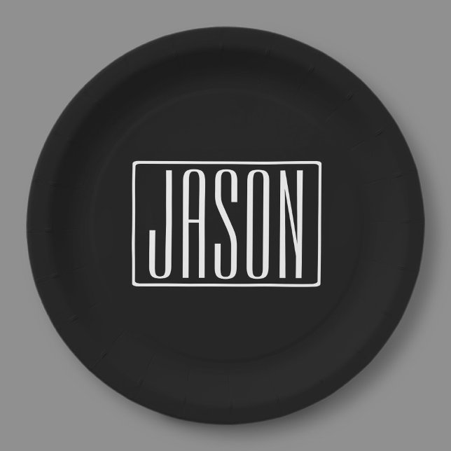 Bold & Modern Your Name or Word | White On Black Paper Plates (Creator Uploaded)