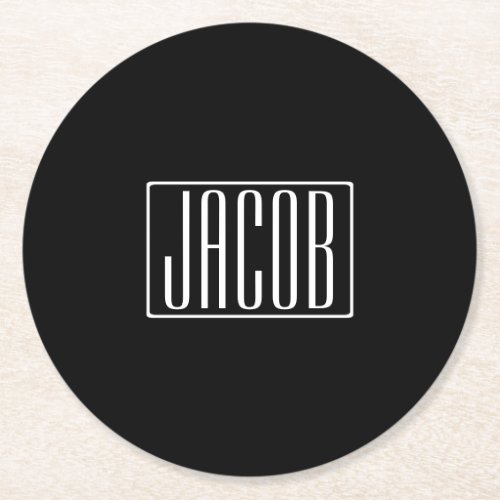 Bold  Modern Your Name or Word  White On Black Round Paper Coaster