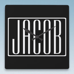 Bold &amp; Modern Your Name or Word | White On Black Square Wall Clock