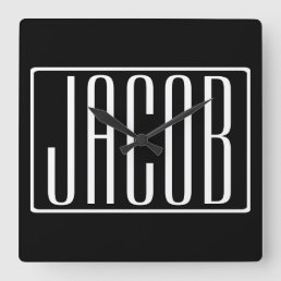 Bold &amp; Modern Your Name or Word | White On Black Square Wall Clock
