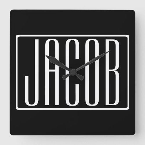 Bold  Modern Your Name or Word  White On Black Square Wall Clock