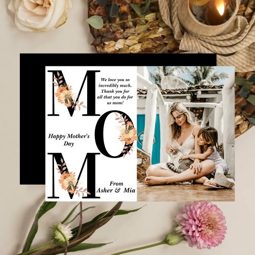 Bold MOM Black Boho Flowers Photo Mothers Day Card