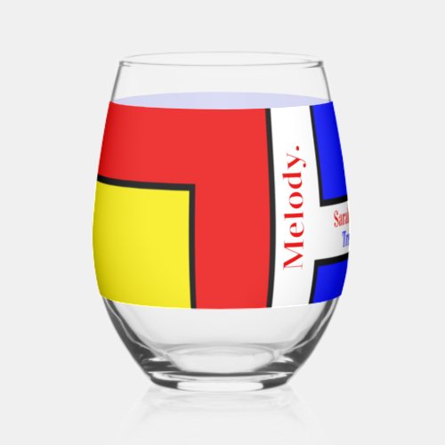 Bold Mondrian Inspired Retro Geometric Art Stemless Wine Glass