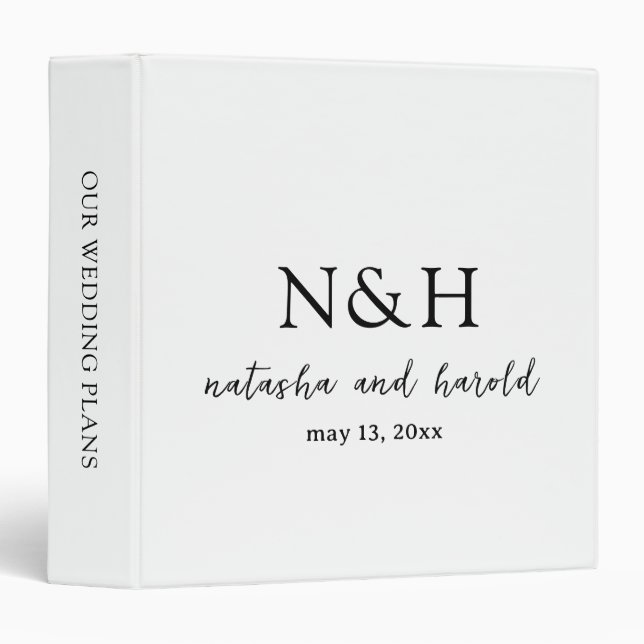 Bold Monogram Black and White Modern Wedding 3 Ring Binder (Front/Spine)