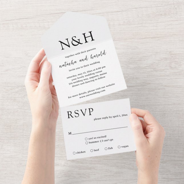 Bold Monogram Black and White Modern Wedding All In One Invitation (Tearaway)