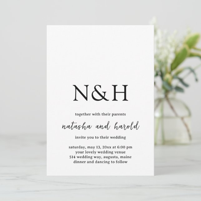 Bold Monogram Black and White Modern Wedding Invitation (Standing Front)