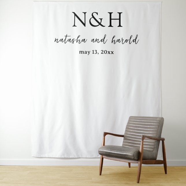 Bold Monogram Black and White Modern Wedding Tapestry (In Situ)