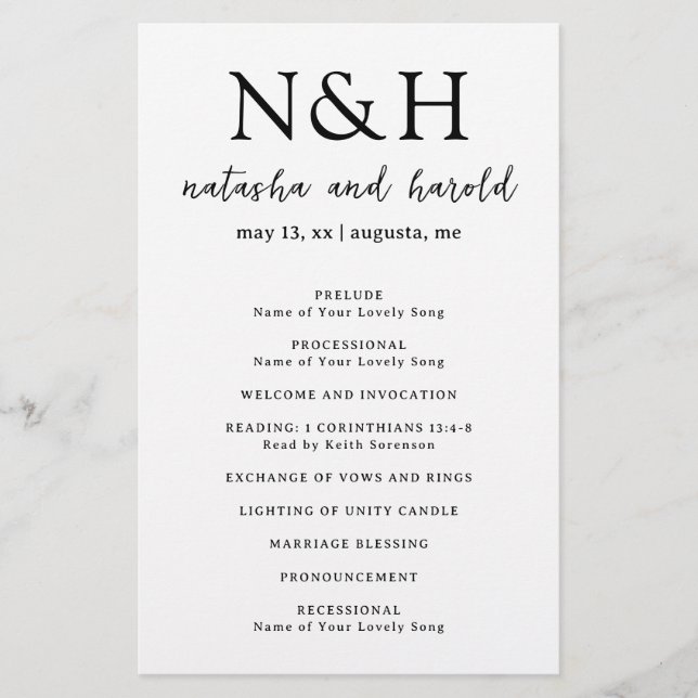 Bold Monogram Black and White Wedding Program Flyer (Front)