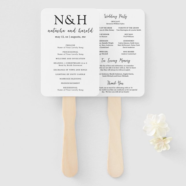 Bold Monogram Black and White Wedding Program Hand Fan (Front and Back)