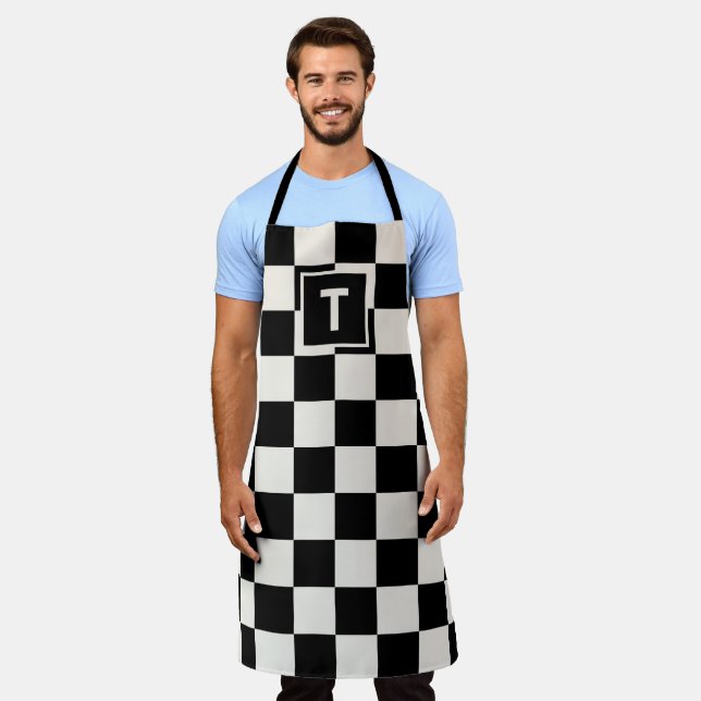 Bold Monogram Black Cream Checkered Pattern Apron (Worn)