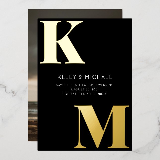Bold Monogram Black Initials Modern Photo Wedding Foil Invitation (Front/Back)