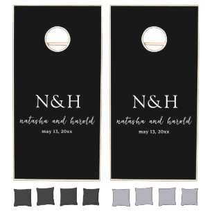 Bold Monogram Black Modern Wedding Cornhole Set