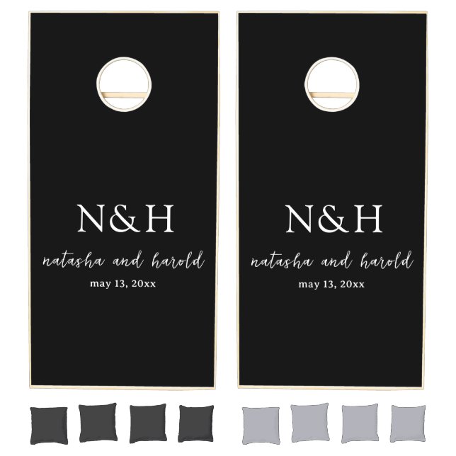 Bold Monogram Black Modern Wedding Cornhole Set (Set)