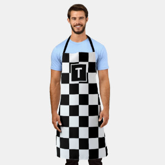 Bold Monogram Black White Checkered Pattern Apron