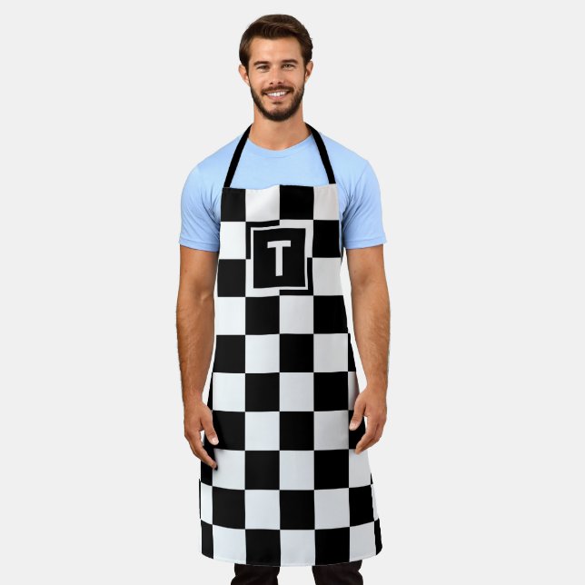 Bold Monogram Black White Checkered Pattern Apron (Worn)