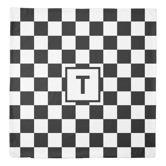 Bold Monogram Black White Checkered Pattern Duvet Cover (Front)
