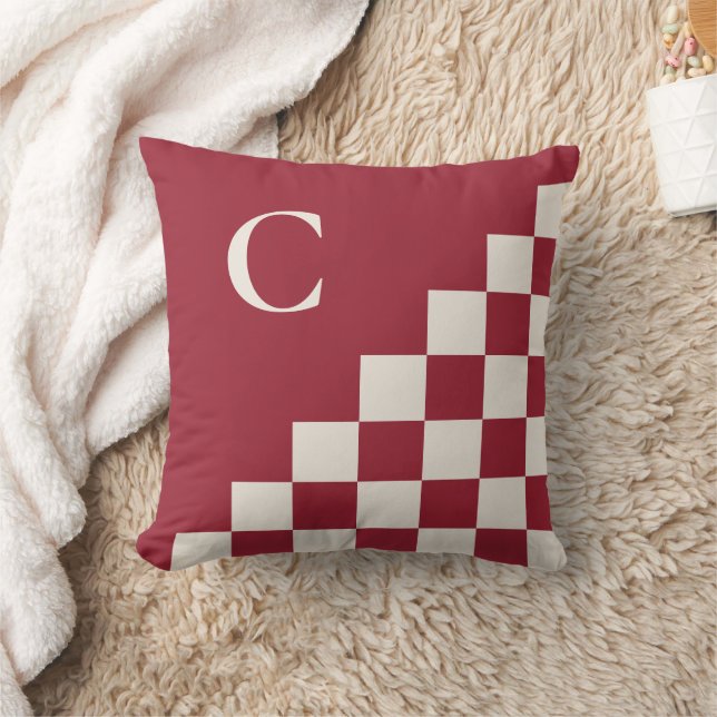 Bold Monogram Burgundy Red Cream Geometric Pattern Throw Pillow (Blanket)
