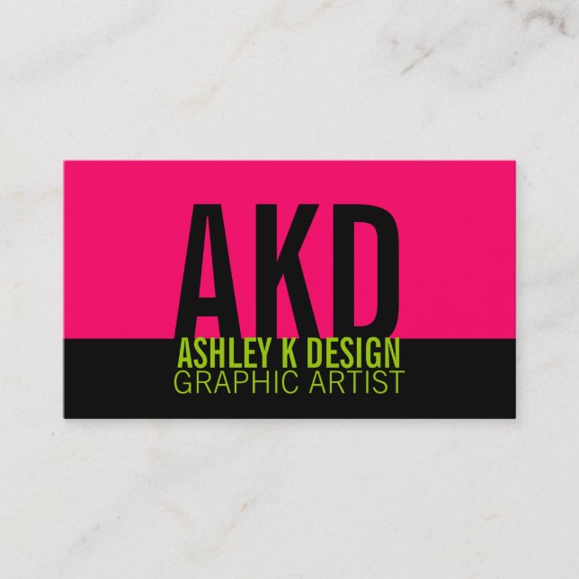 Bold Monogram Business Cards Black Green Pink (Front)