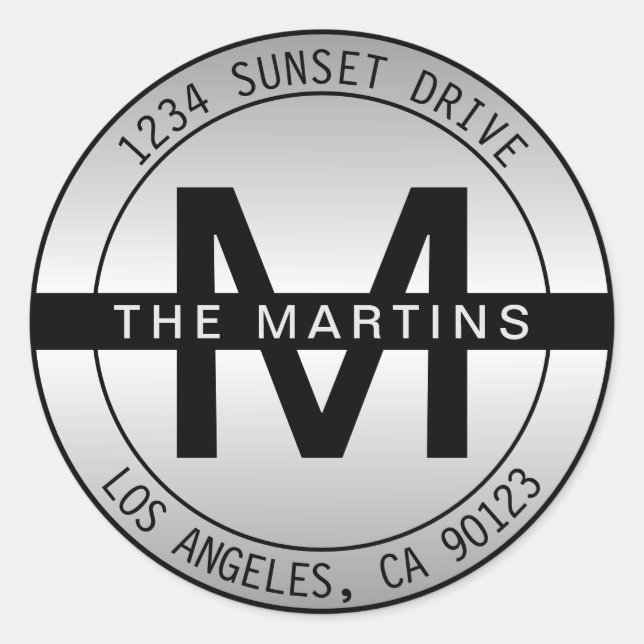 Bold Monogram & Circular Address | Framed Gradient Classic Round Sticker (Front)
