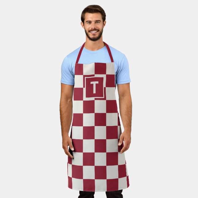 Bold Monogram Dark Red Cream Checkered Pattern Apron (Worn)