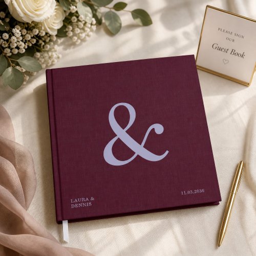 Bold Monogram Dark Red Linen Fabric Look Wedding Guest Book
