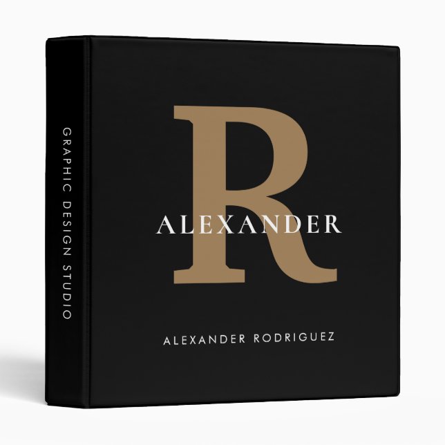 Bold Monogram For Him Black Gold Office School 3 Ring Binder (Front/Spine)
