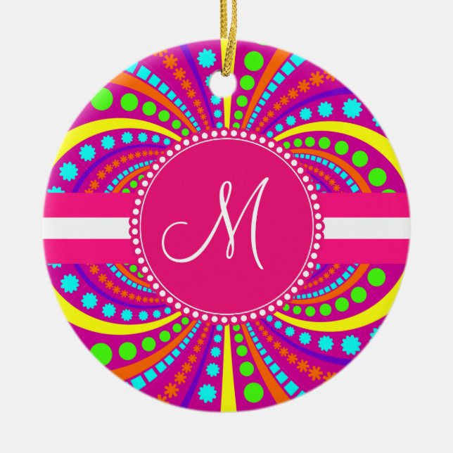 Bold Monogram Funky Pattern Hot Pink Design Ceramic Ornament (Front)