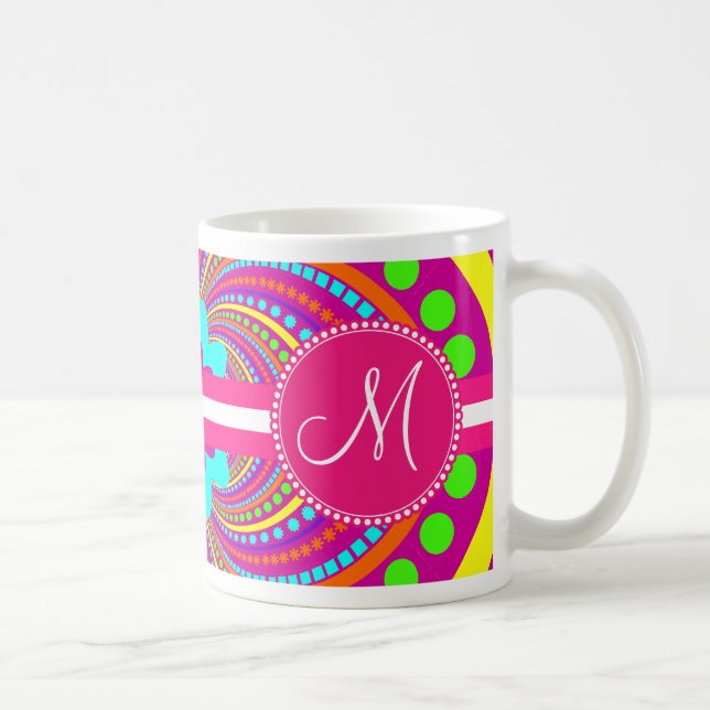 Bold Monogram Funky Pattern Hot Pink Design Coffee Mug (Right)