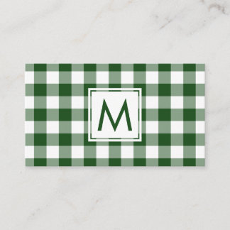 Bold Monogram Green White Buffalo Plaid Pattern Business Card