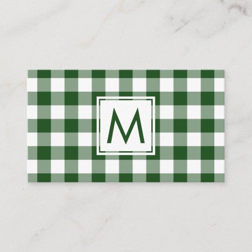 Bold Monogram Green White Buffalo Plaid Pattern Business Card