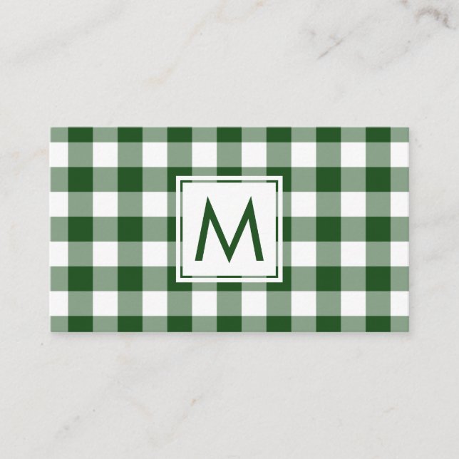 Bold Monogram Green White Buffalo Plaid Pattern Business Card (Front)