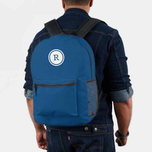 Bold Monogram in White Circle on Blue Printed Backpack