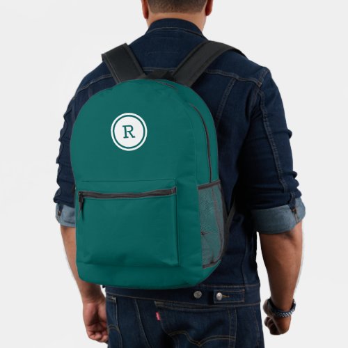 Bold Monogram in White Circle on Teal Printed Backpack