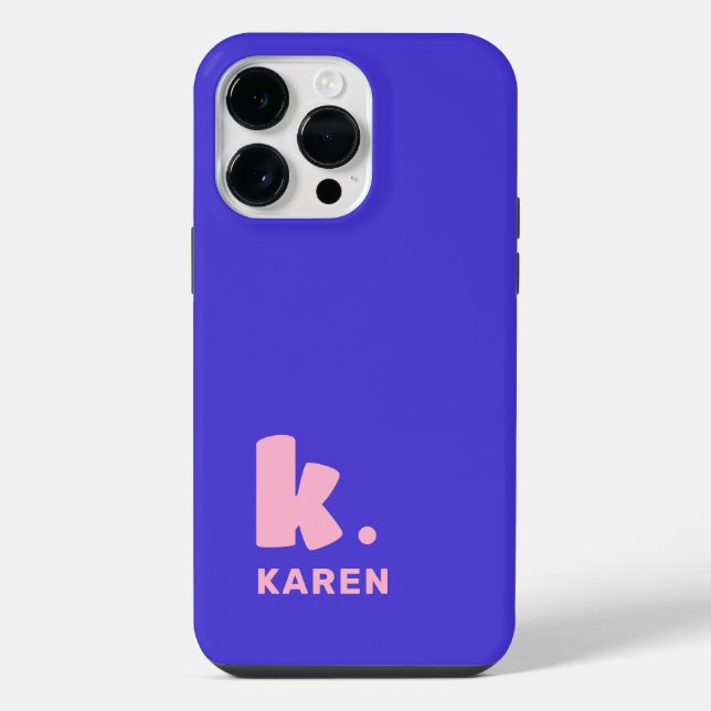 Bold monogram initial and name blue pink iphone case (Back)