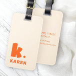 Bold monogram initial and name orange luggage tag<br><div class="desc">Luggage tag featuring your monogram initial in a big,  bold font and your name below. Orange text on a lighter background. Colors are customizable in the design tool. Add your contact information on the back.</div>